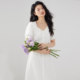 one more2025 summer short-sleeved French square collar dress for women with high-end white skirt waist-hugging vacation skirt