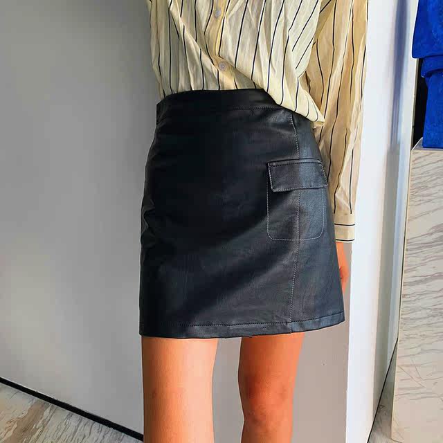 2024 half-height waist a-line skirt PU leather skirt commuter open line decoration large-size autumn and winter short skirt hot selling internet celebrity
