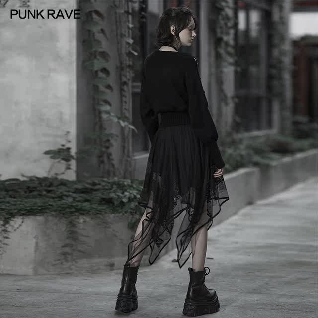 Dark punk chiffon skirt, high-end women's summer 2024 new style irregular lace splicing mid-length skirt street shooting