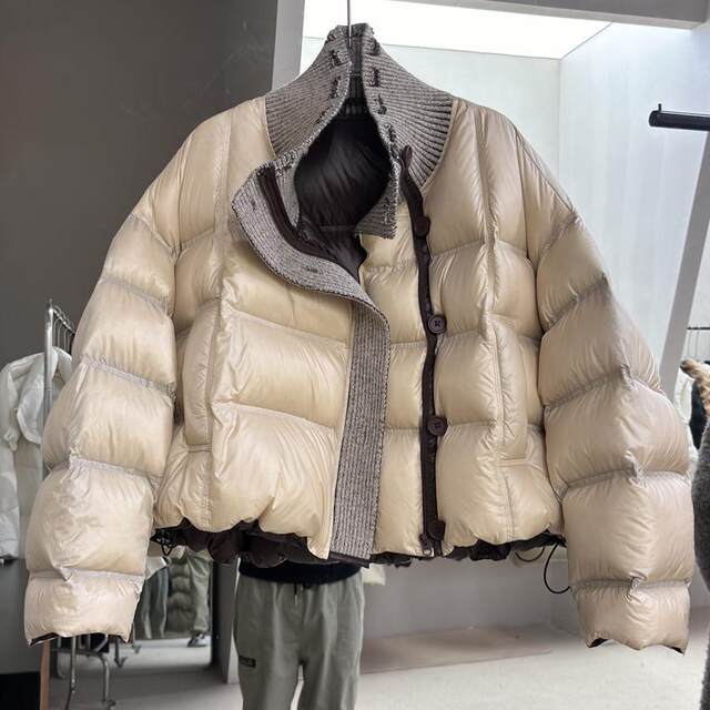 Designed knitted small down jacket warm women's short winter new woolen collar bread coat thickened jacket European goods