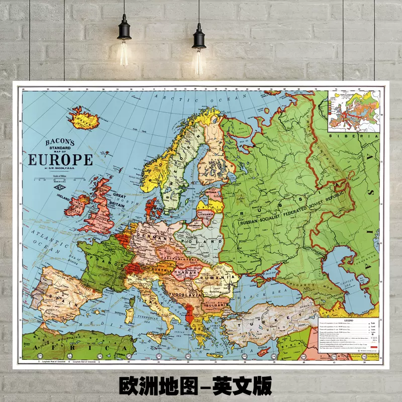 欧洲地图英文版地图装饰画客厅卧室办公室墙画壁画布艺防水画芯-Taobao
