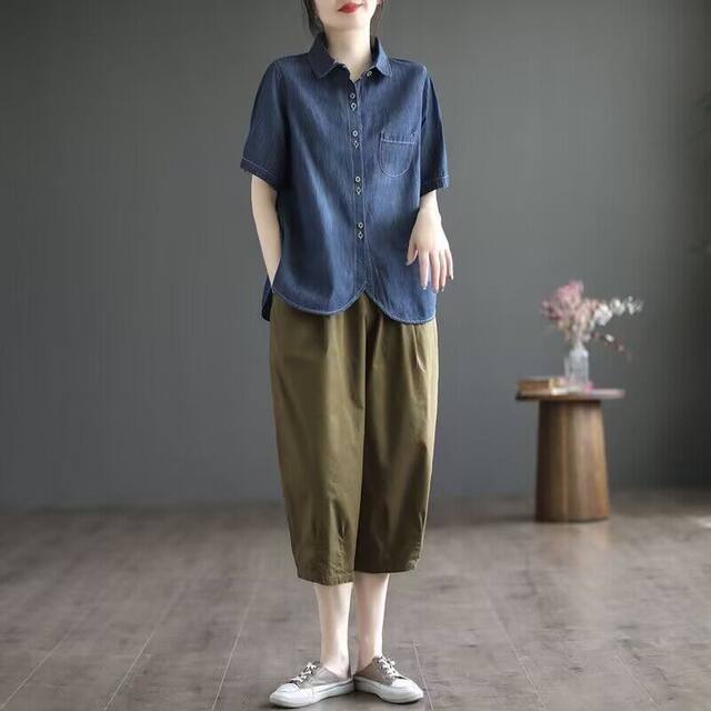 Tennis denim short-sleeved shirt for women in summer loose thin design niche shirt commuting versatile cardigan top