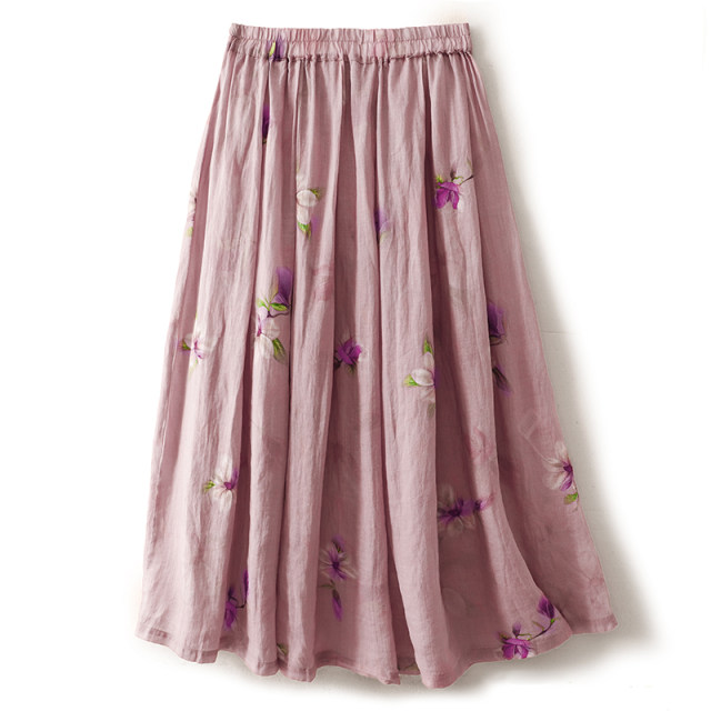 New Chinese style printed cotton and linen skirt for women in 2024 summer new loose and flowing drooping A-line umbrella skirt trendy