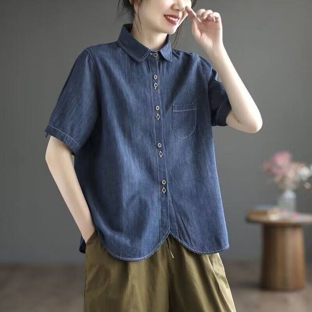Tennis denim short-sleeved shirt for women in summer loose thin design niche shirt commuting versatile cardigan top