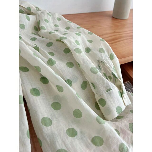 French white polka dot ramie shirt for women in spring and autumn new style literary age-reducing puff sleeves versatile shirt long-sleeved top