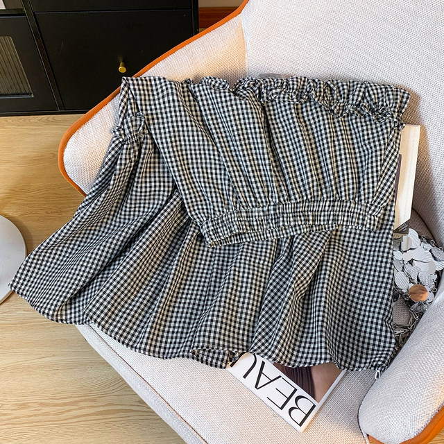 Retro black and white plaid black earring skirt for women in summer irregular A-line thin casual high-waisted long skirt
