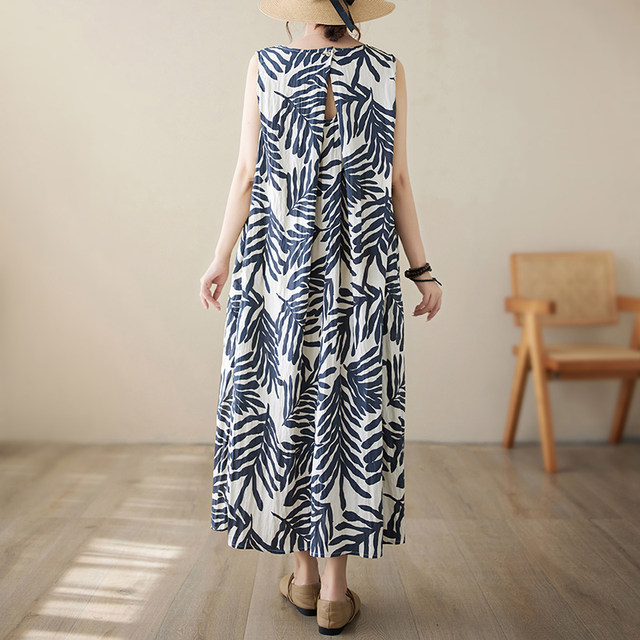 Artistic temperament cotton and linen sleeveless dress for women in summer, women's summer print loose slim linen vest vacation long skirt
