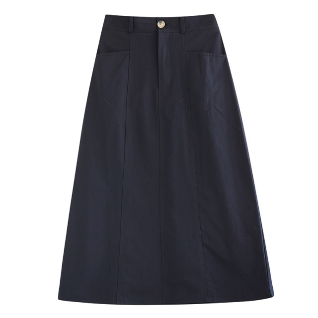 Retro wash cotton work skirt for women in spring and autumn new fashionable high waist mid-length A-line one-step skirt
