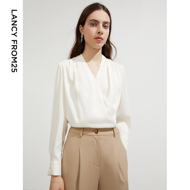 French off-white V-neck top for women autumn new style shirt French long-sleeved shirt for women