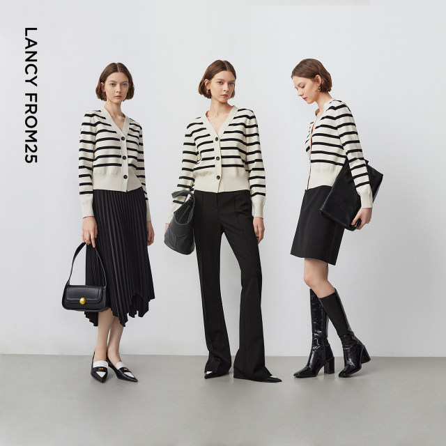 Langzi French retro striped wool sweater temperament Verithful repair long sleeve casual cardigan jacket jacket winter