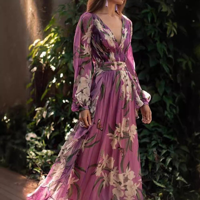 
2025 cross-border summer new style foreign trade printed women's dress Amazon V-neck long-sleeved large hem skirt for women