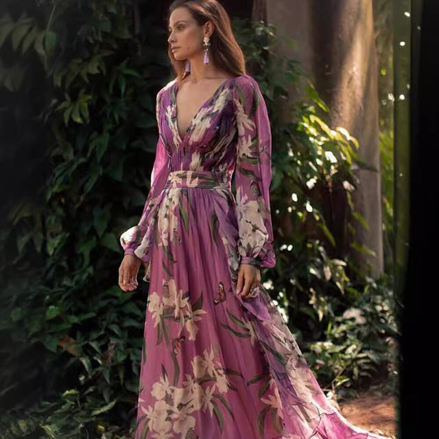 
2025 cross-border summer new style foreign trade printed women's dress Amazon V-neck long-sleeved large hem skirt for women