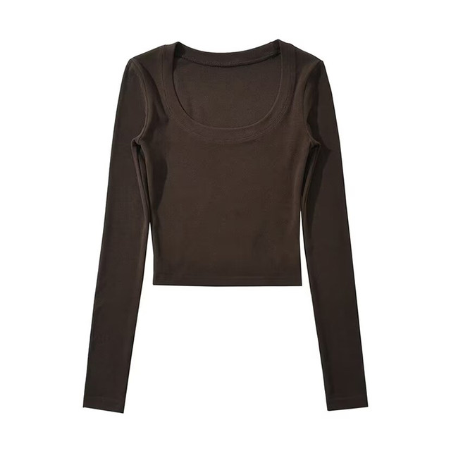 Windmill and Spear European and American style low-cut U round neck tight long-sleeved T-shirt for women thin velvet base shirt short turtle top