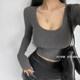 Windmill and Spear European and American style low-cut U round neck tight long-sleeved T-shirt for women thin velvet base shirt short turtle top