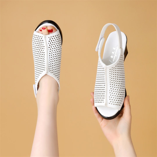 Summer high-heeled sandals for women, genuine leather thick heels, breathable Roman shoes for women, hollow anti-slip fish mouth shoes for women, lightweight sandal boots