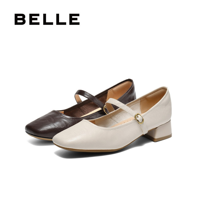 Belle women's shoes retro Mary Zhen shoes 2025 spring new sheepskin thick heel light mouth single shoes B2435AQ5
