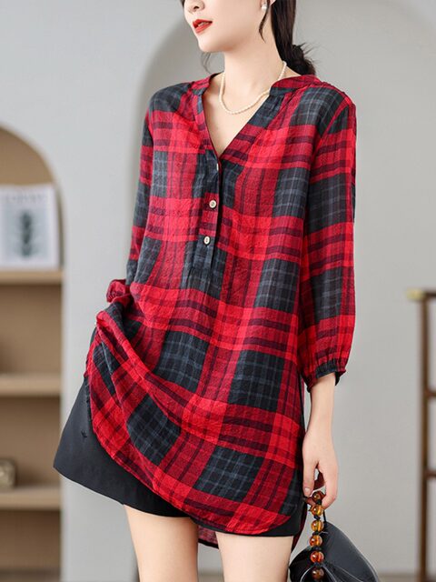 Fashionable plaid V-neck shirt for women fat girl loose large size five-point sleeve top casual mid-length summer shirt
