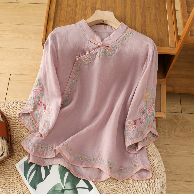 New Chinese retro embroidery cotton and linen tea clothing literary and artistic national wind, national wind, peony embroidered top, loose stand -up neck shirt

