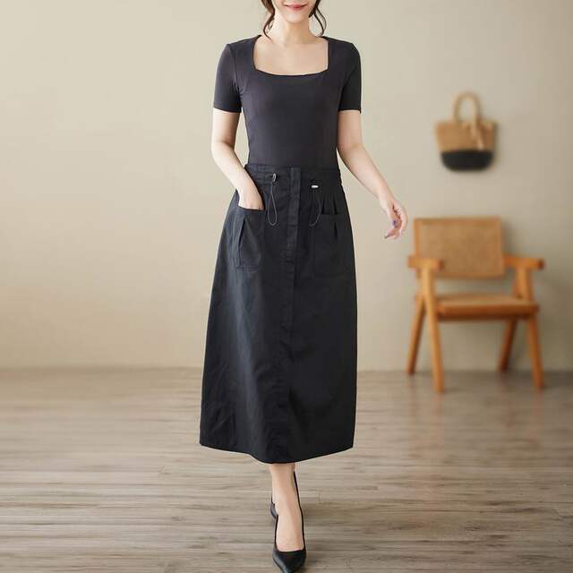 American retro workwear double pocket high waist skirt for women 2024 autumn new style versatile slim mid-length skirt
