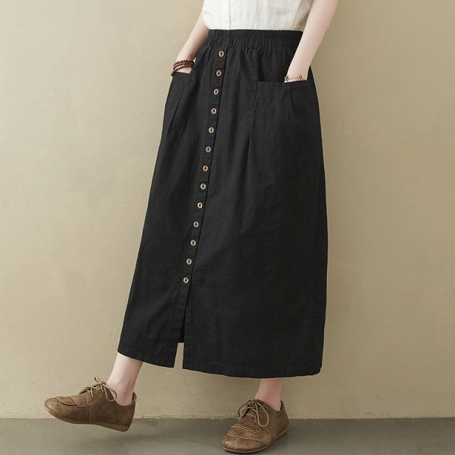 Large size cotton and linen skirt for women summer mid-length 2024 new versatile high-waisted single-breasted casual slit a-line skirt