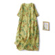 2024 summer new cotton and linen short-sleeved dress for women V-neck embroidered midi skirt retro ramie printed skirt