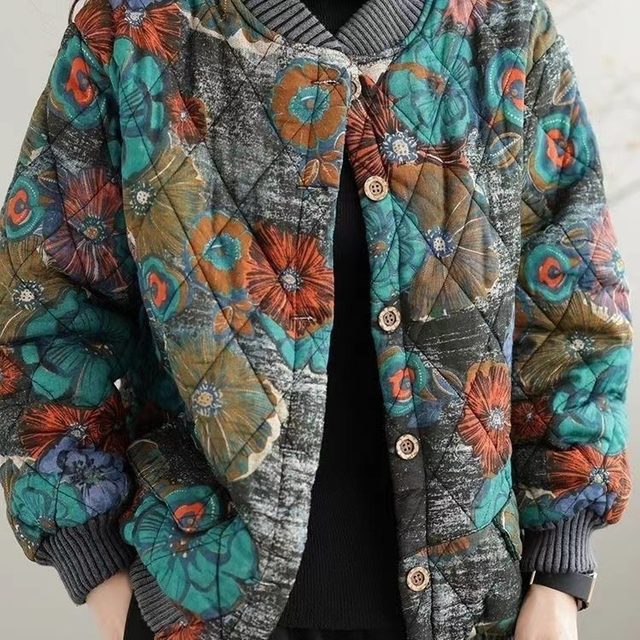 Winter large size loose cotton thickened printed long-sleeved cotton jacket for women age-reducing versatile short stand collar baseball uniform
