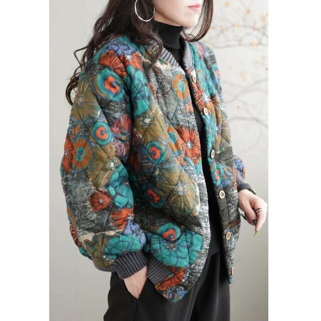 Winter large size loose cotton thickened printed long-sleeved cotton jacket for women age-reducing versatile short stand collar baseball uniform
