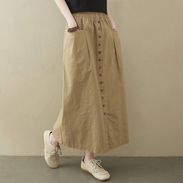Large size cotton and linen skirt for women summer mid-length 2024 new versatile high-waisted single-breasted casual slit a-line skirt