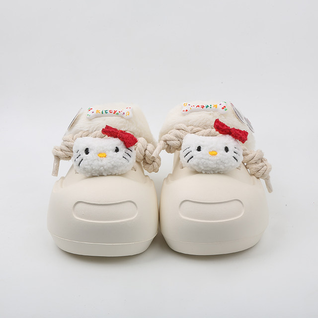 SUNNYCOLOR cute round toe cotton shoes for women to wear winter removable plush warm thick bottom bag heel cotton slippers