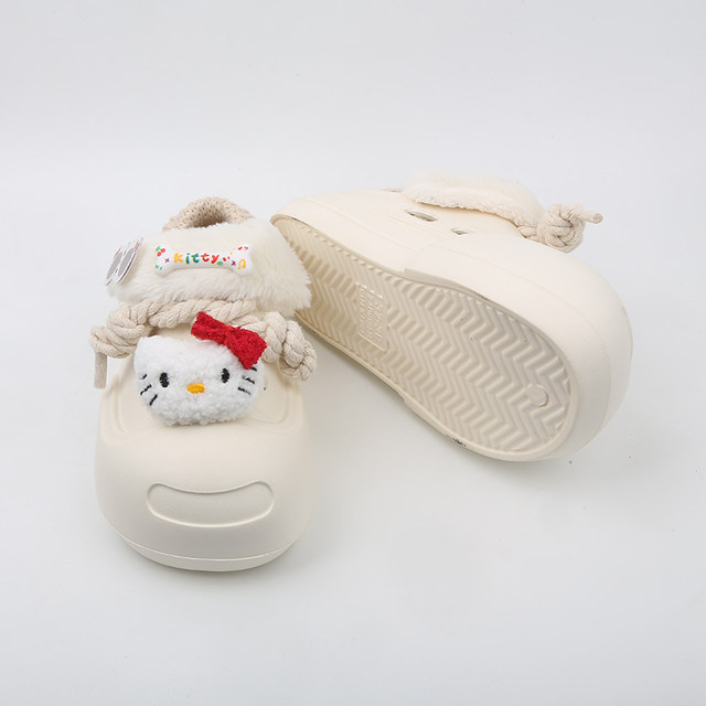 SUNNYCOLOR cute round toe cotton shoes for women to wear winter removable plush warm thick bottom bag heel cotton slippers