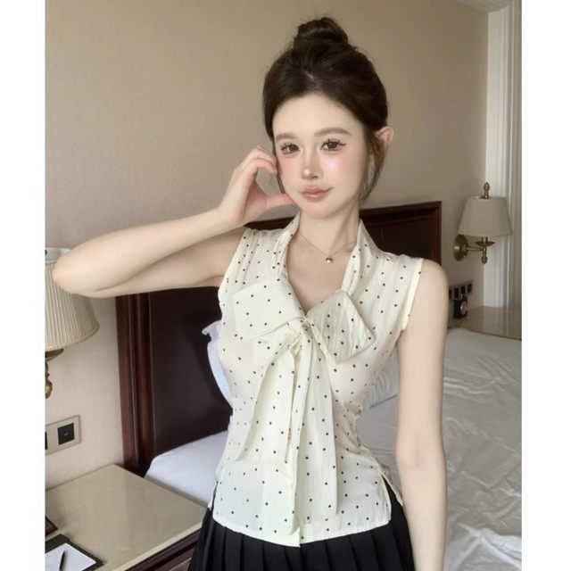 Bow polka dot sleeveless chiffon shirt for women in summer pure erotic tops with high-end unique French beautiful shirt
