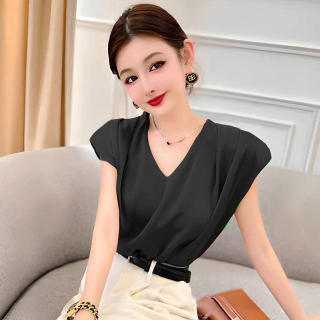 Design-slim solid color V-neck acetate satin shirt women's sleeveless vest vest vest temperament shirt top