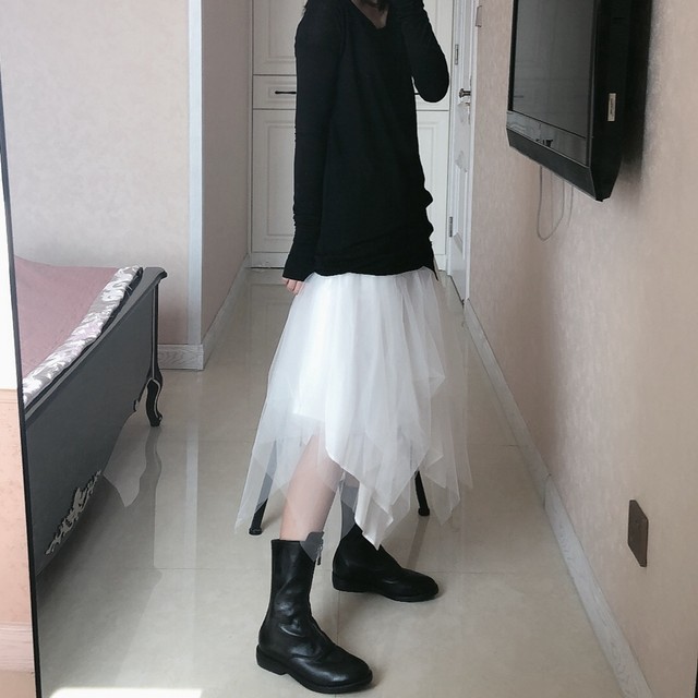 Spring, autumn and winter new style mesh dark style white irregular high waisted puffy mesh skirt skirt fairy gauze skirt