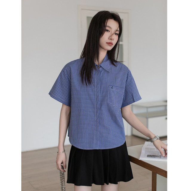 Miu blue plaid short-sleeved shirt top for women 2025 summer new loose casual temperament small shirt