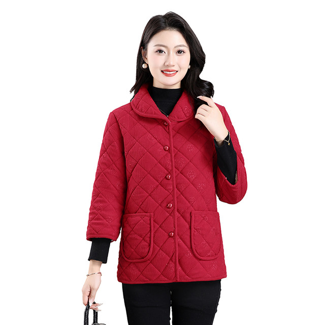 Mom's mid-sleeve autumn and winter velvet warm small cotton-padded jacket for middle-aged and elderly women short warm lapel three-quarter sleeve cotton jacket