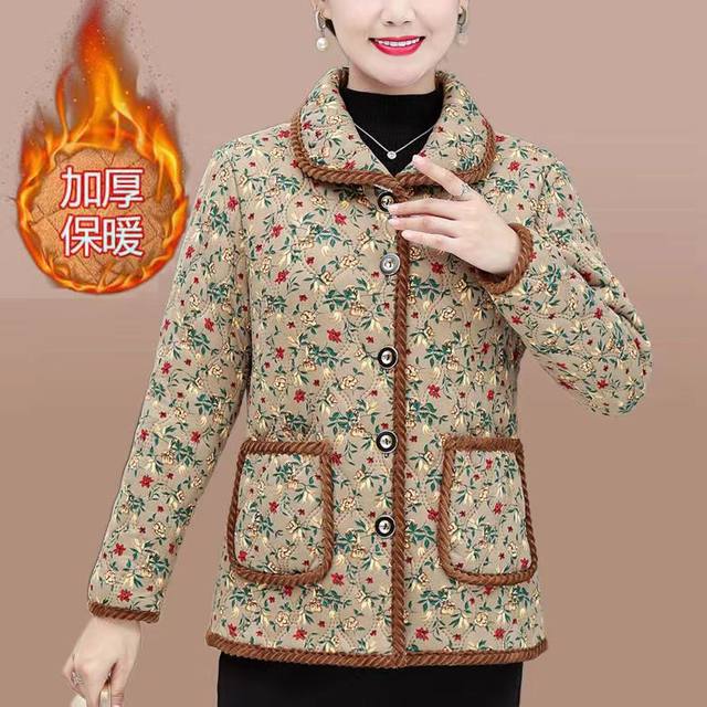 Middle-aged and elderly mothers wear floral plus velvet cotton clothes, winter clothes, long-sleeved warm cotton jackets, elderly grandmother clothes, thick cotton clothes