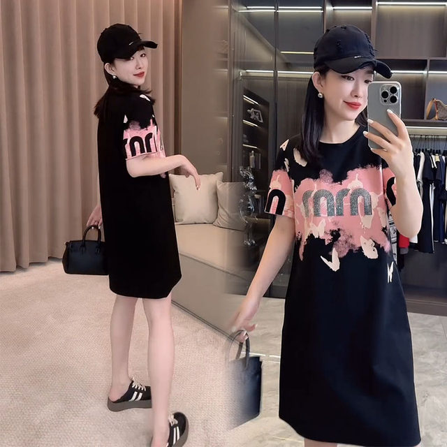 European dress for women 2025 summer new style goddess large size slim and fashionable casual printed short-sleeved T-skirt