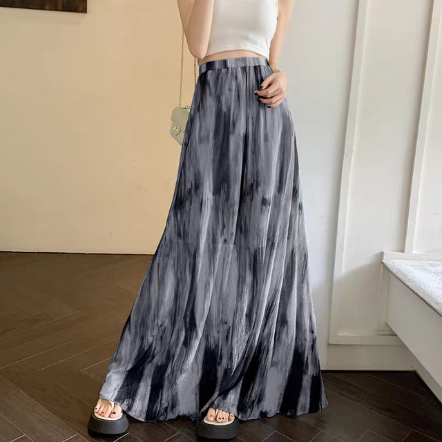 Retro ink tie-dyed pleated skirt for women in summer drooping pleated and smudged wrinkled mesh A-line long skirt