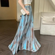 Retro ink tie-dyed pleated skirt for women in summer drooping pleated and smudged wrinkled mesh A-line long skirt