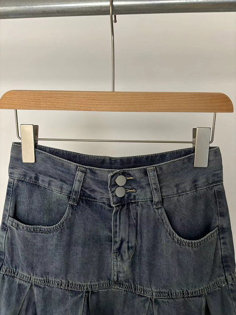 European and American street trend retro old female style anti -walking high -waisted denim skirt short skirt
