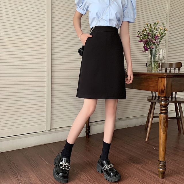 Black skirt women's professional skirt A-line skirt with pocket suit hip skirt mid skirt fat mm work anti-exposure skirt