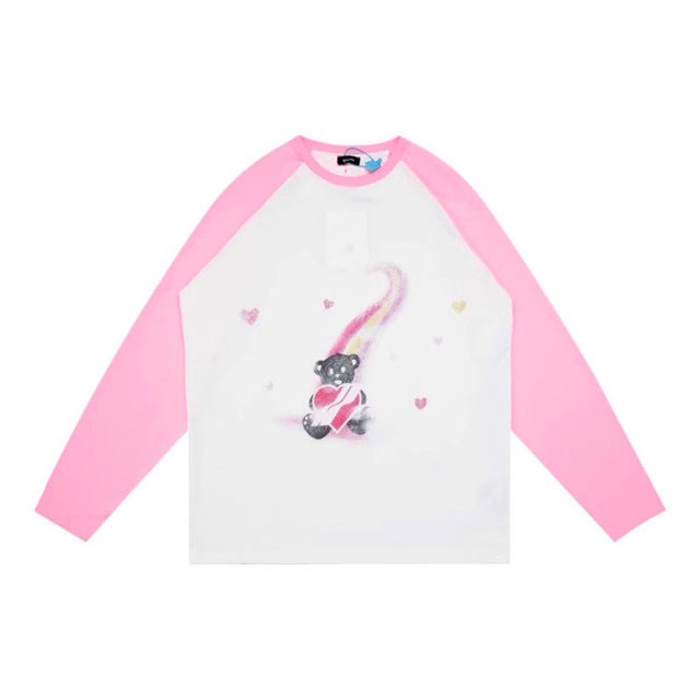 we11doneshark Song Zuer and Cecilia Cheung Pink Rainbow Love Bear Print Vagrant Sleeve Cartoon Long Sleeve T