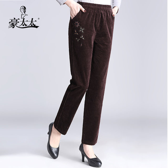 Cotton corduroy middle-aged and elderly women's pants 2025 autumn mother velvet pants large size elderly grandma pants wear outside