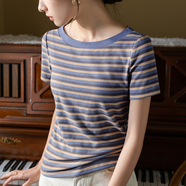Big round neck T-shirt for women striped short-sleeved summer 2025 new French retro gentle style pink purple one-length top