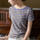 Big round neck T-shirt for women striped short-sleeved summer 2025 new French retro gentle style pink purple one-length top