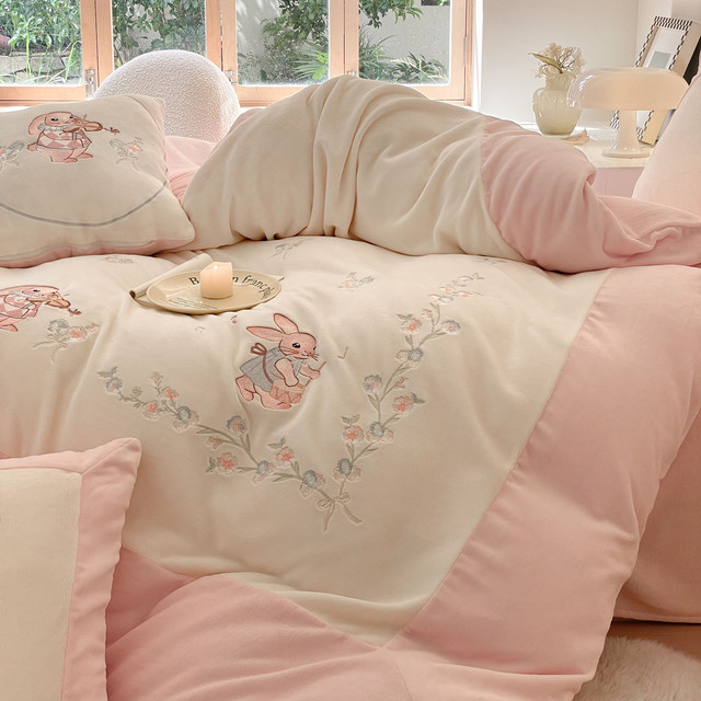 Category A maternal and infant grade milk velvet four-piece set girly heart thickened baby velvet bed sheet quilt cover three-piece set children winter 4