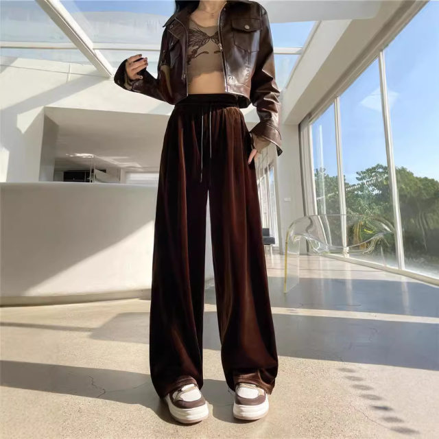 Gold velvet wide-leg pants for women 2025 spring Korean lazy style draped feeling loose straight floor velvet pants for women
