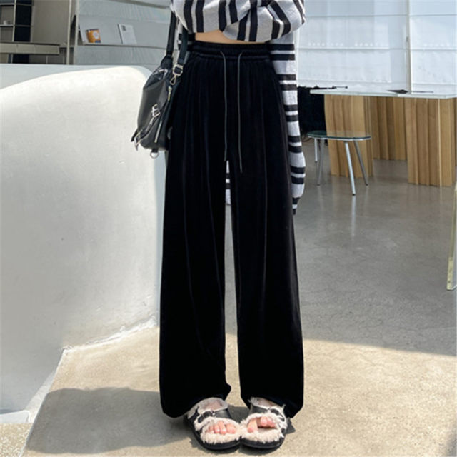 Gold velvet wide-leg pants for women 2025 spring Korean lazy style draped feeling loose straight floor velvet pants for women
