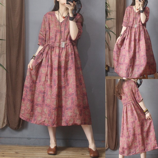 
Blue and white porcelain printed ramie mid-length dress for women, new summer short-sleeved V-neck loose waist-hugging temperament skirt