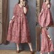 
Blue and white porcelain printed ramie mid-length dress for women, new summer short-sleeved V-neck loose waist-hugging temperament skirt